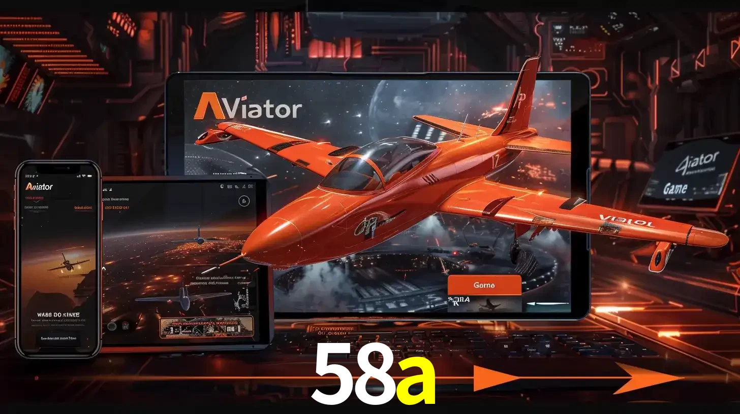 Apresentação tecnológica do jogo Aviator com um avião saindo da tela de um tablet, demonstrando a experiência imersiva em múltiplos dispositivos no 58a.