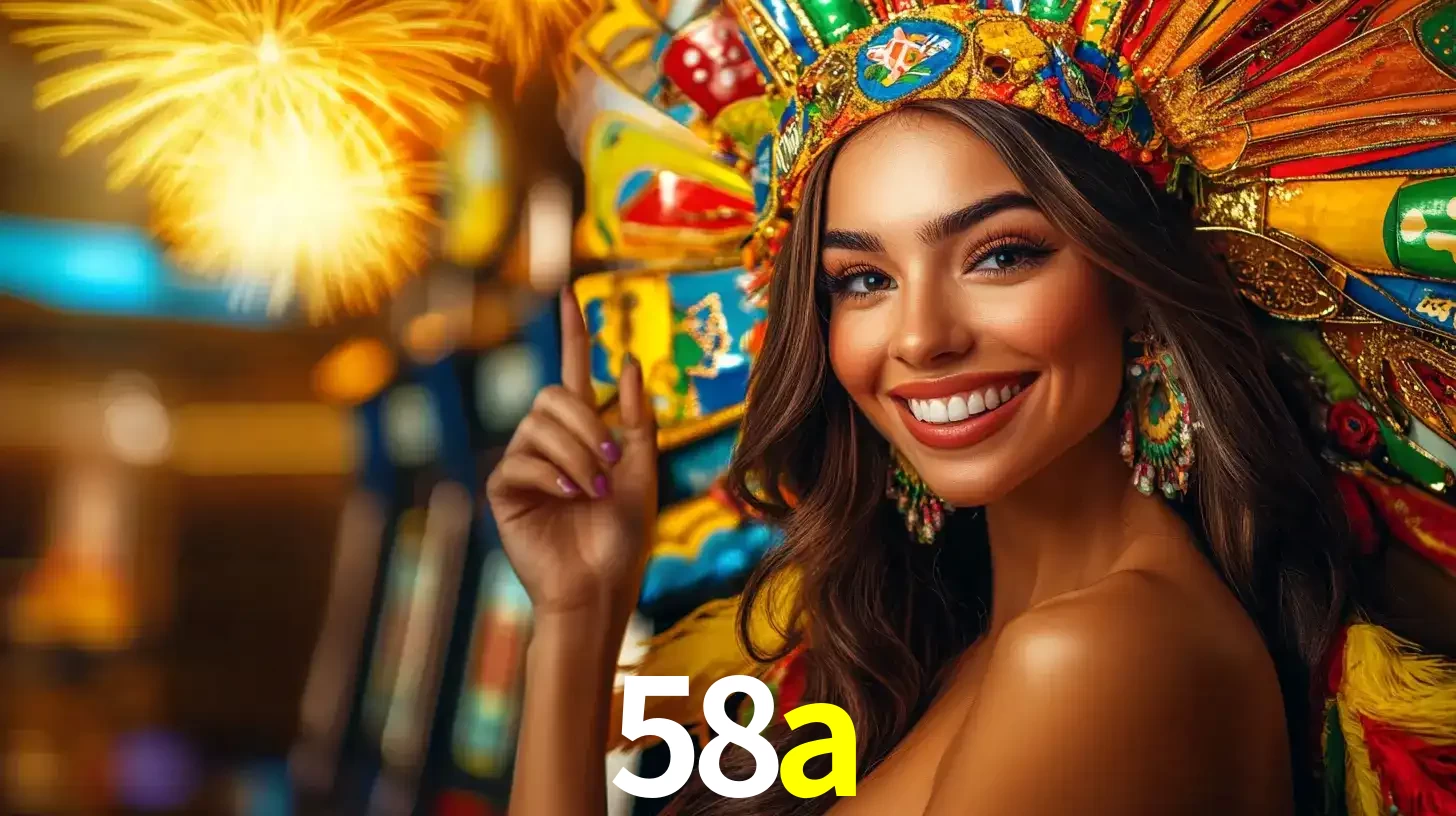 Mulher sorridente com um cocar de carnaval vibrante e colorido, celebrando uma grande vitória nos jogos do cassino 58a com fogos de artifício ao fundo.