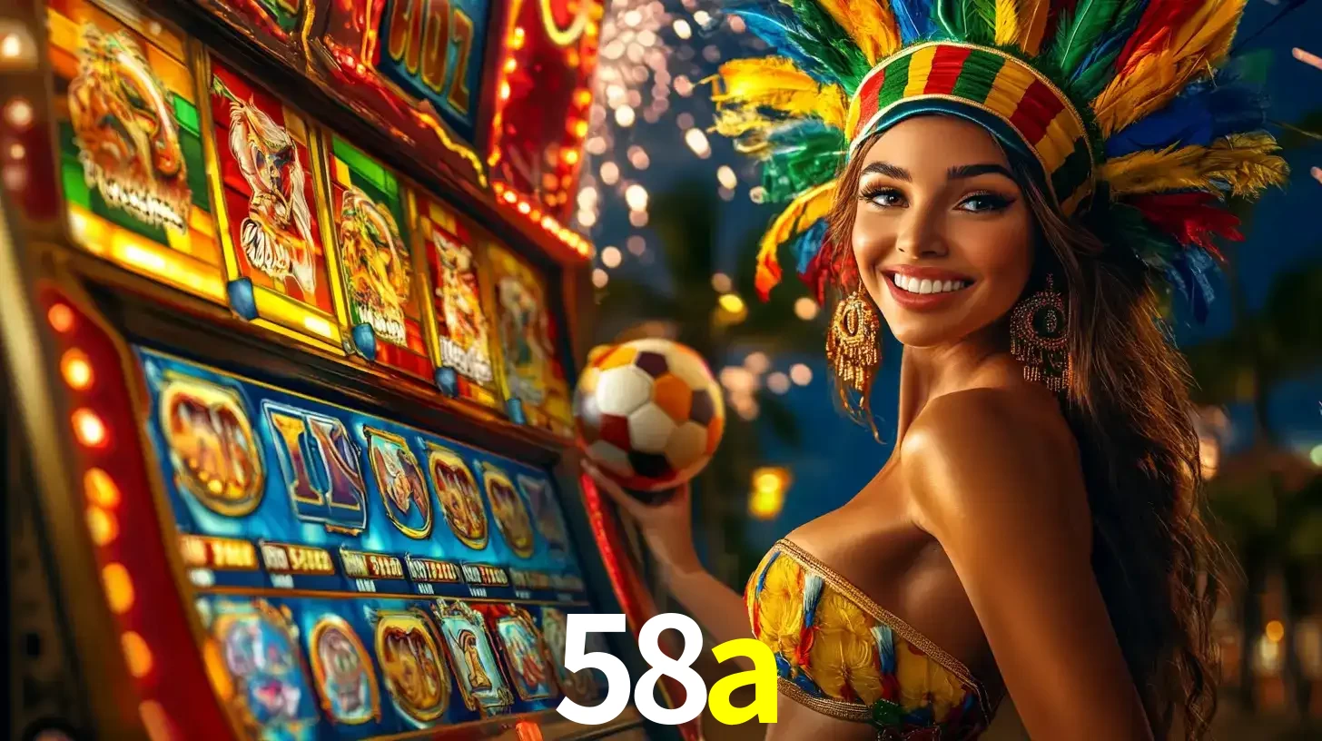 Mulher com um cocar de carnaval ao lado de uma máquina de caça-níqueis enquanto segura uma bola de futebol, mostrando a união da diversão de cassino e esportes no 58a.