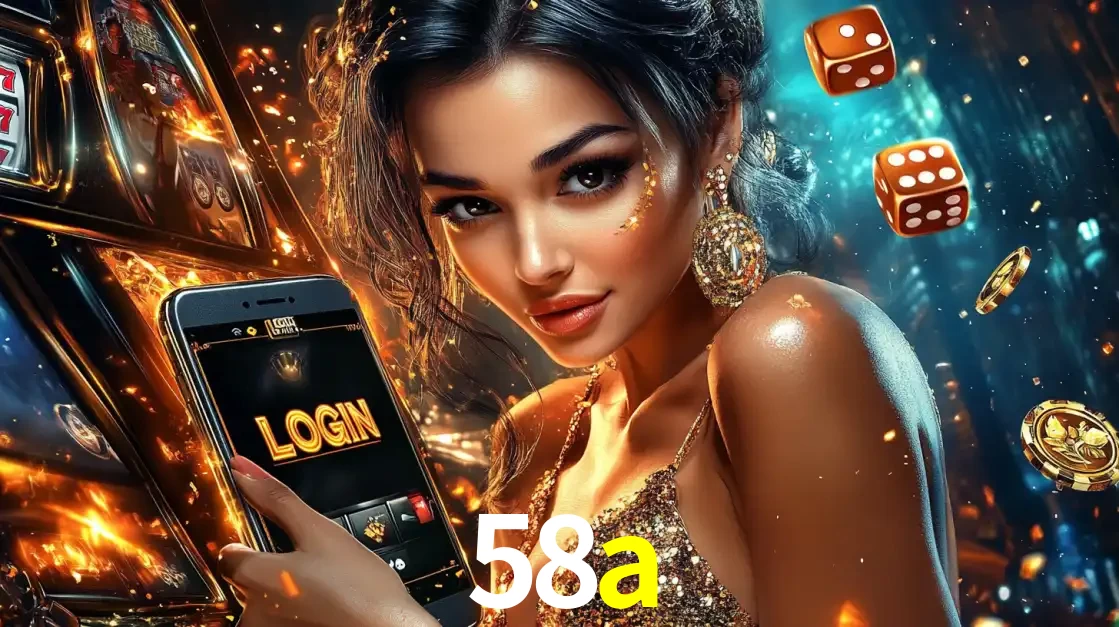 Mulher glamourosa segurando um celular com a tela de login do cassino 58a, rodeada por dados e moedas douradas, pronta para começar a diversão.