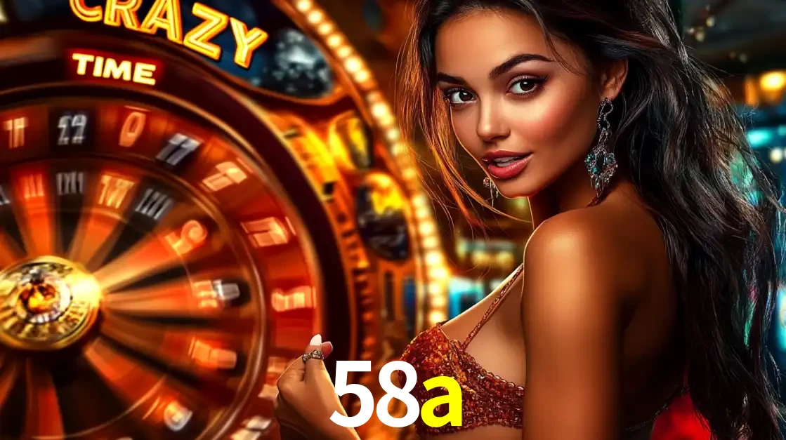 Mulher ao lado da roda de prêmios do jogo de cassino ao vivo Crazy Time, um dos shows de jogos mais emocionantes oferecidos pela plataforma de apostas 58a.