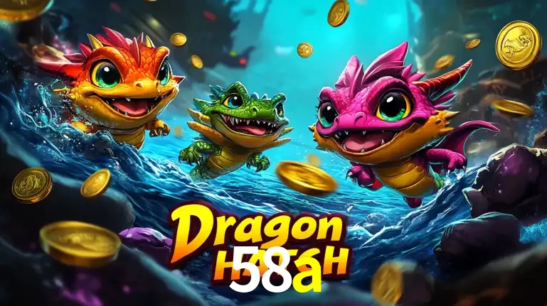 Arte promocional do jogo Dragon Hatch com três adoráveis dragões bebês nadando entre moedas de ouro, um dos slots mais divertidos para jogar no cassino 58a.