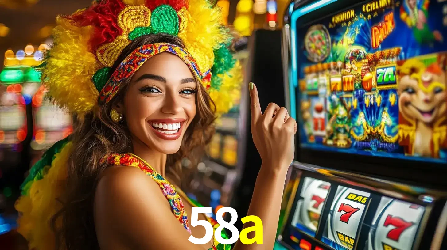 Mulher animada com um cocar de carnaval apontando para uma máquina de caça-níqueis, mostrando a emoção de ganhar um grande prêmio nos jogos do 58a.