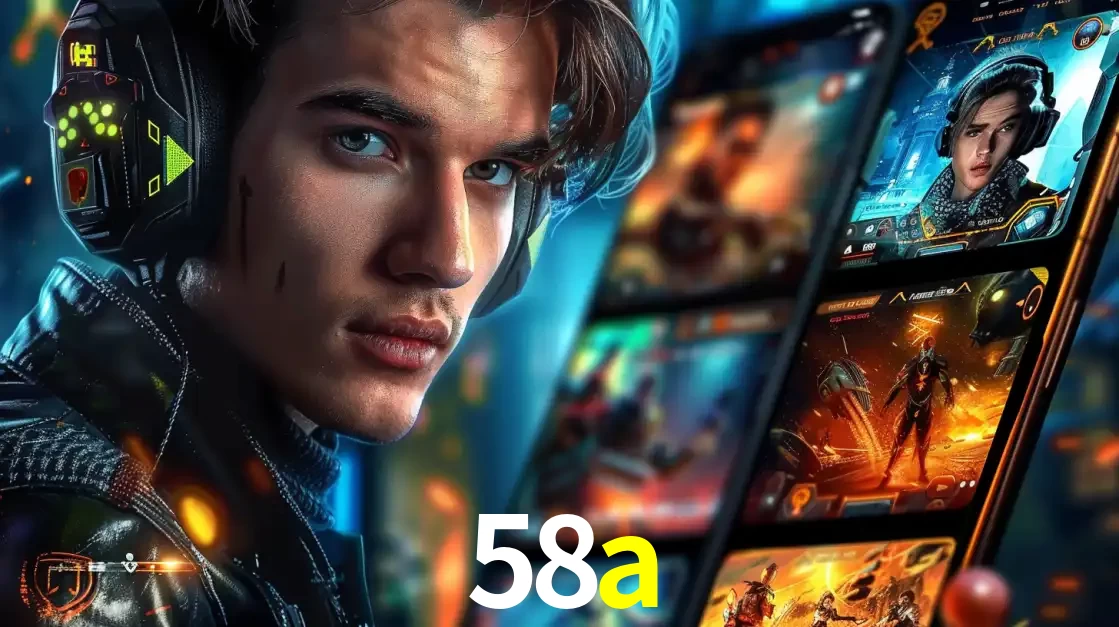 Jovem jogador com fones de ouvido olhando para a câmera, com um aplicativo de jogos e e-sports para celular ao fundo, pronto para a competição e apostas no 58a.