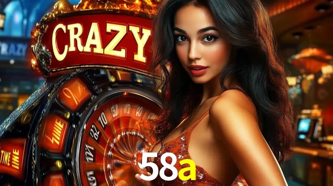 Mulher glamourosa olhando para a câmera com a roda vermelha do Crazy Time ao fundo em um ambiente de cassino, destacando a emoção dos jogos ao vivo no 58a.