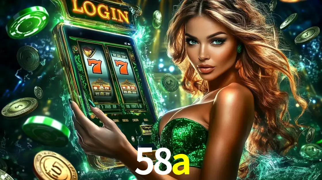 Mulher com tema verde apresentando o aplicativo do cassino 58a com um jogo de slot de 777, cercada por fichas de cassino e uma aura de sorte.