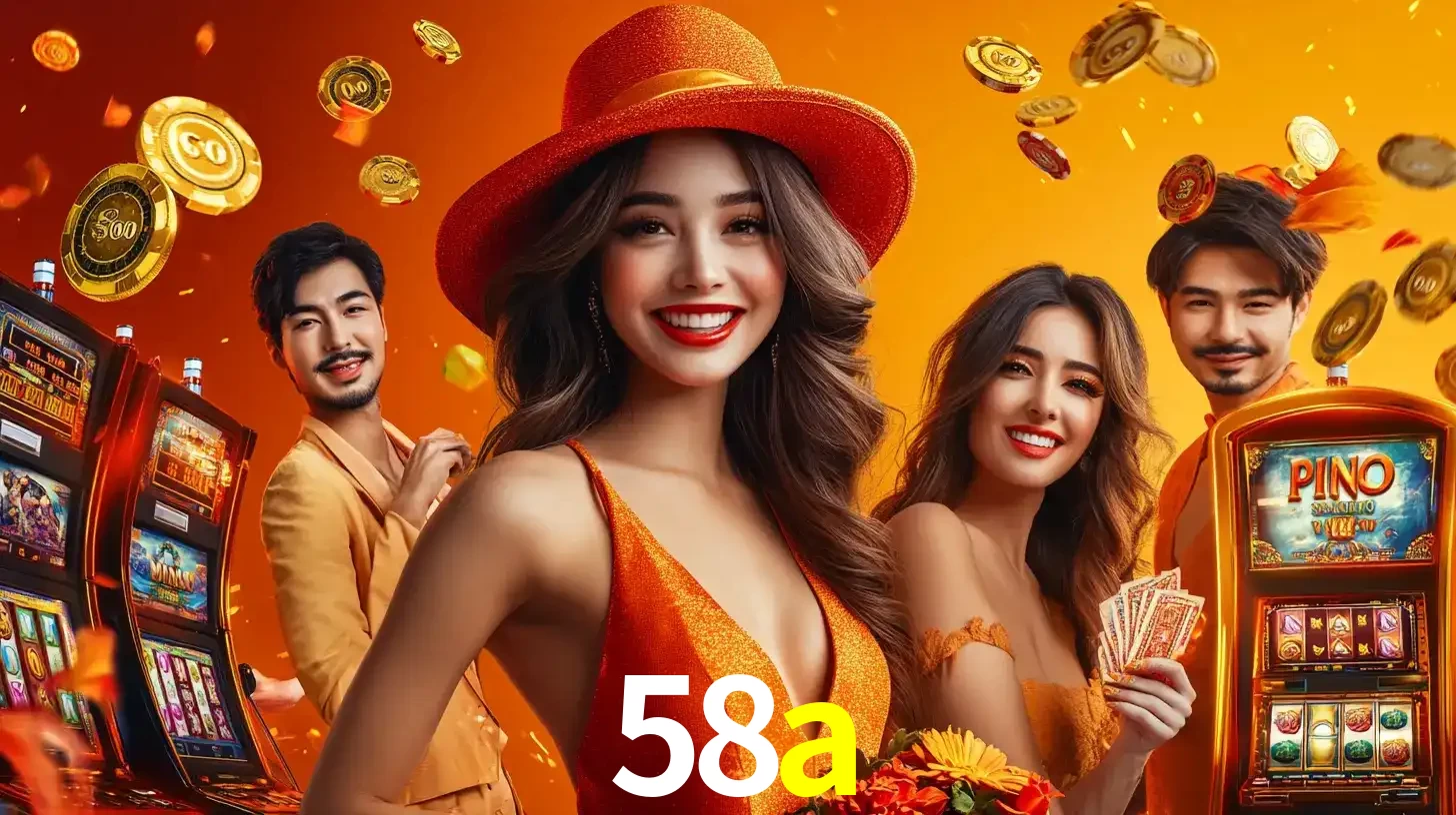 Grupo de amigos asiáticos sorrindo e se divertindo com máquinas de caça-níqueis em um ambiente festivo, celebrando suas vitórias nos jogos de cassino do 58a.