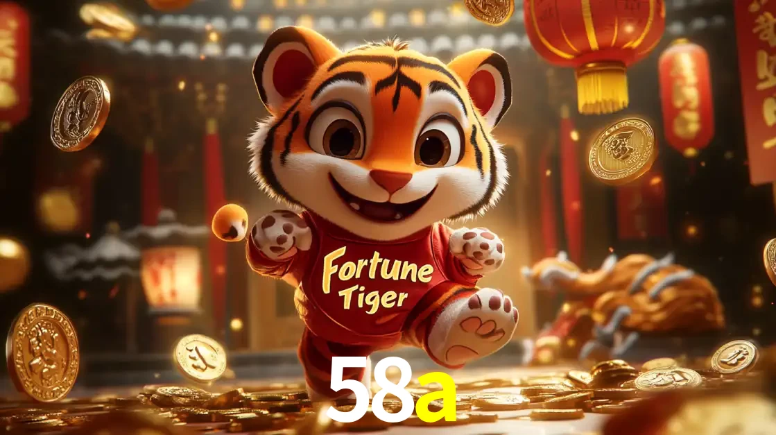 O alegre personagem do Fortune Tiger correndo sobre um caminho de moedas de ouro, simbolizando os grandes prêmios e a diversão do popular jogo de slot do 58a.