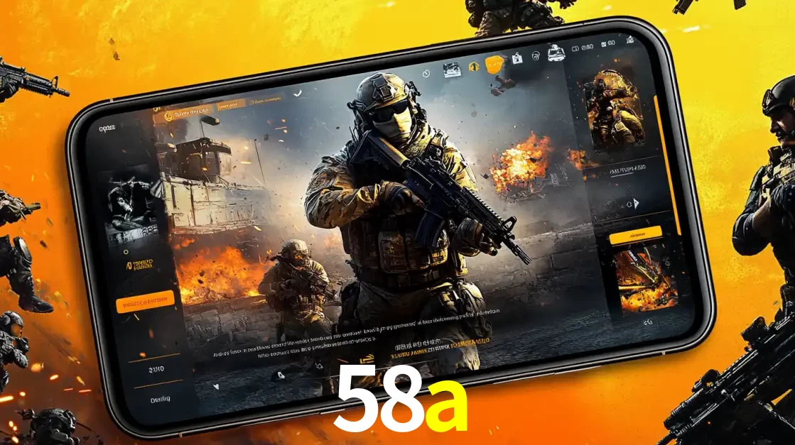 Um smartphone exibindo a interface de um jogo de tiro em primeira pessoa, com um soldado em um cenário de batalha, representando a ação dos e-sports para apostar no 58a.