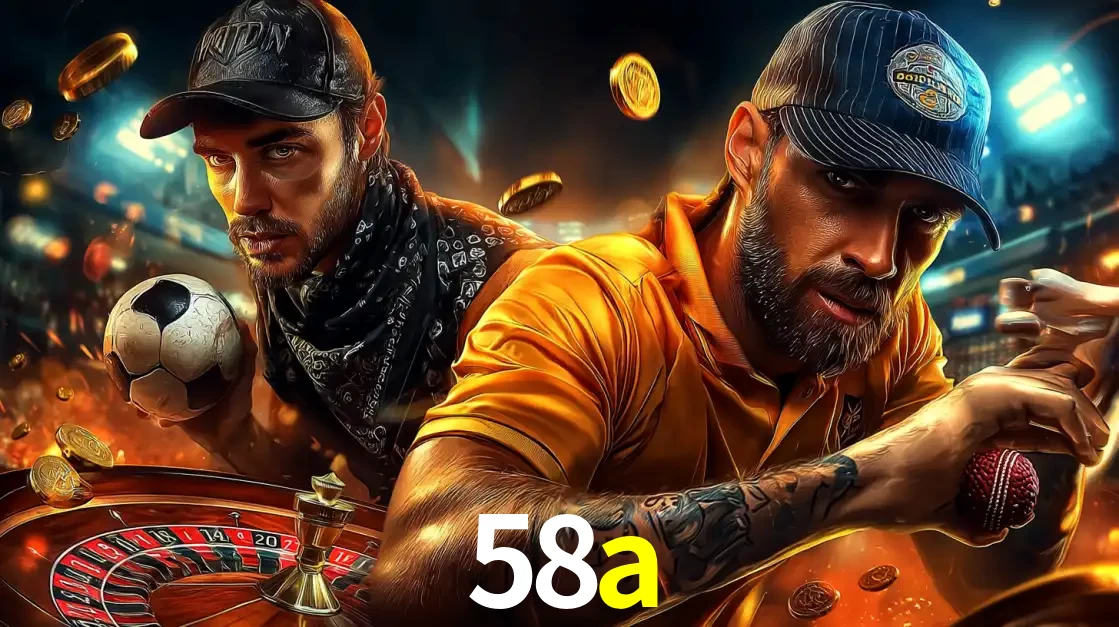 Montagem de apostas esportivas e cassino no 58a, com um homem segurando uma bola de futebol e outro uma de beisebol sobre uma roleta e moedas voadoras.