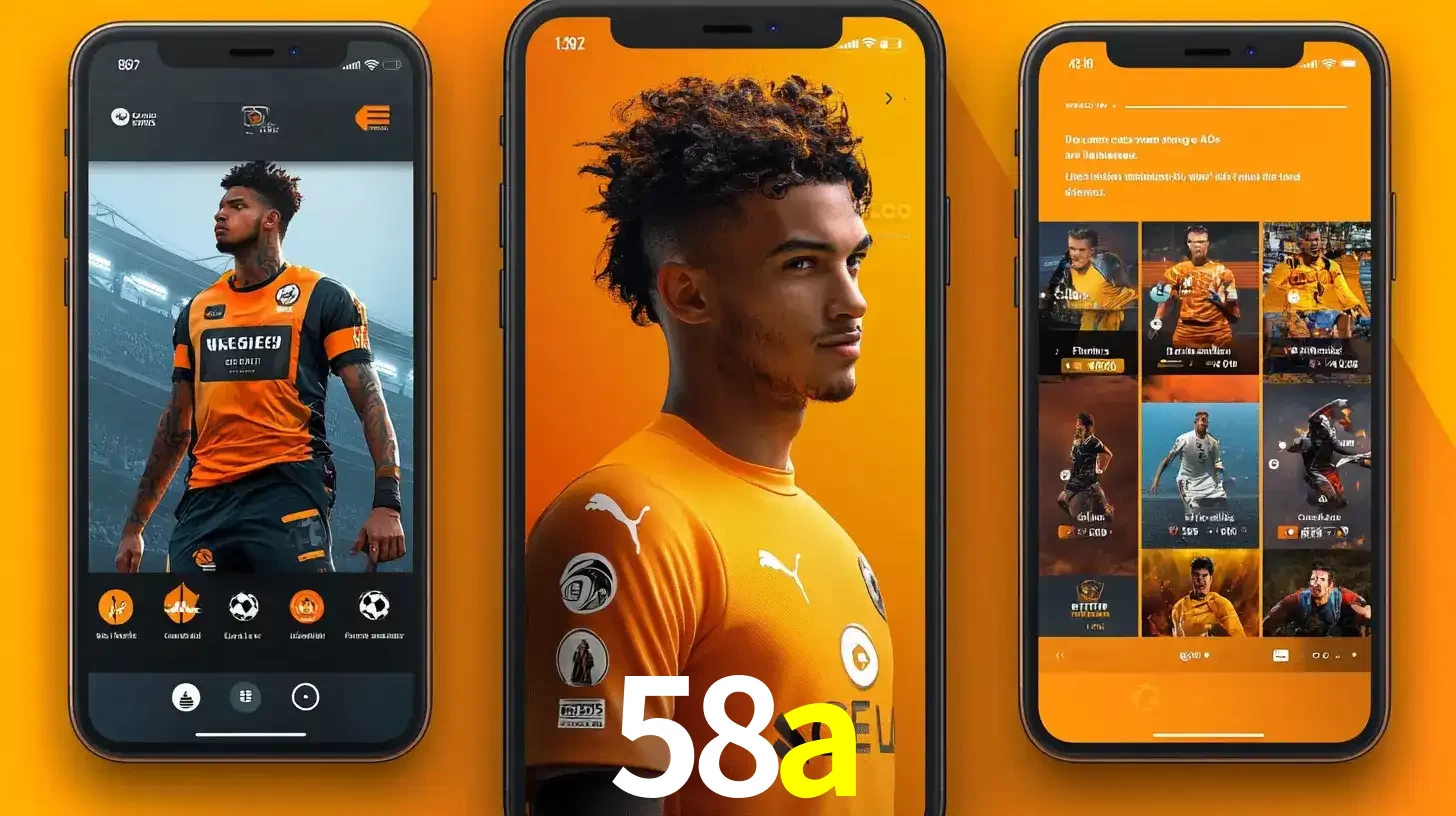 Interface do aplicativo de apostas esportivas 58a em três telas de celular, mostrando o perfil de um jogador de futebol e a lista de jogos disponíveis para apostar.