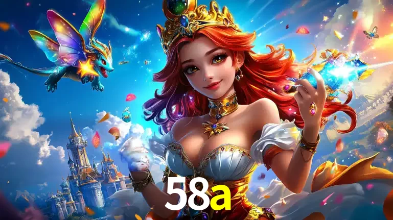 A princesa de um reino de fantasia mágico, com seu pequeno dragão, apresentando um mundo de prêmios encantados nos jogos de caça-níqueis do cassino 58a.