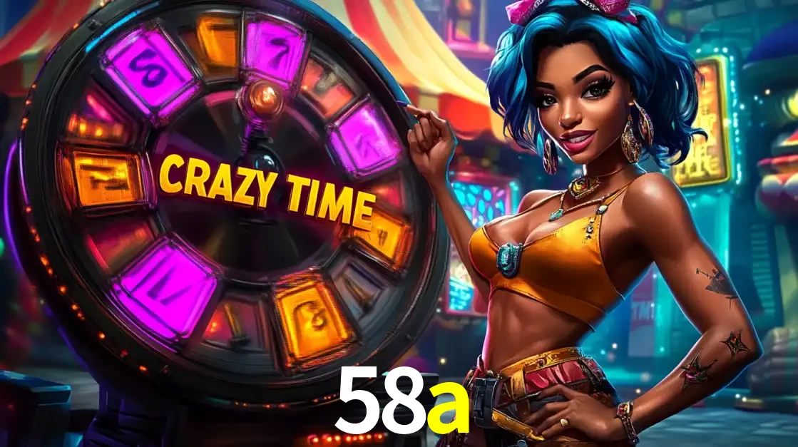 Mulher estilizada com cabelo azul e visual vibrante posando ao lado da roda de prêmios do game show Crazy Time, convidando para a diversão e os bônus do cassino 58a.