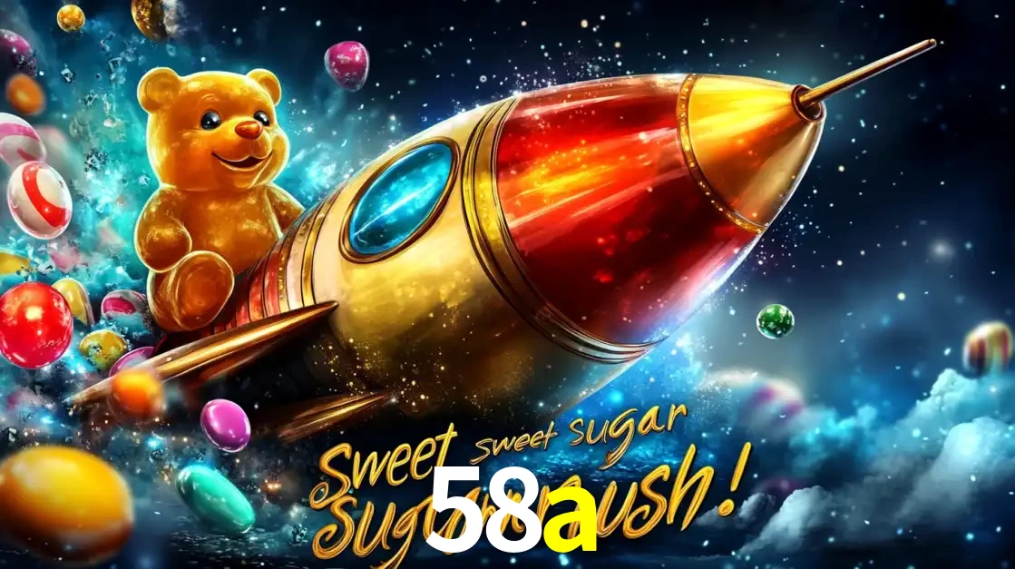Arte promocional do jogo de slot Sugar Rush, com um urso de pelúcia em um foguete viajando pelo espaço de doces, um dos jogos divertidos disponíveis no cassino 58a.