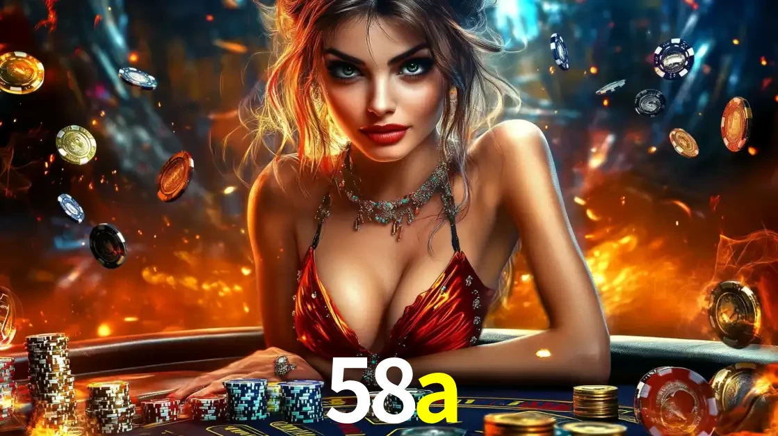 Mulher em uma mesa de cassino com pilhas de fichas e um fundo de fogo, pronta para uma rodada de altas apostas nos jogos de mesa emocionantes do cassino 58a.