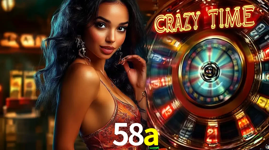 Mulher elegante ao lado da vibrante roda da fortuna do jogo de cassino ao vivo Crazy Time, um dos game shows mais populares e cheios de prêmios do 58a.