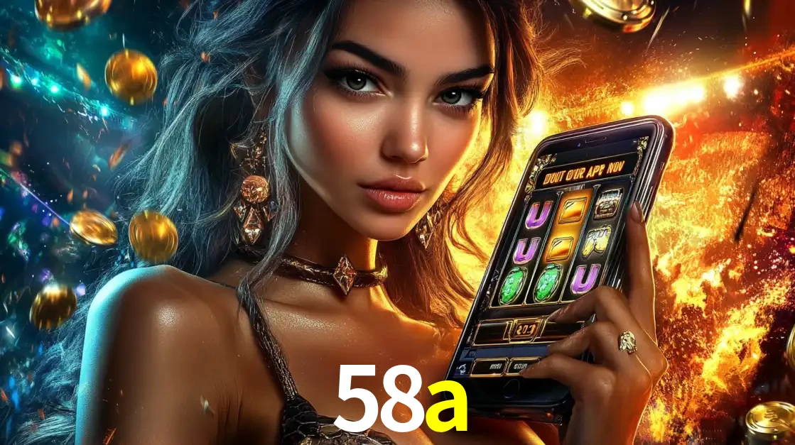Mulher elegante mostrando um jogo de caça-níqueis em seu smartphone, destacando a experiência de cassino móvel oferecida pelo aplicativo 58a.