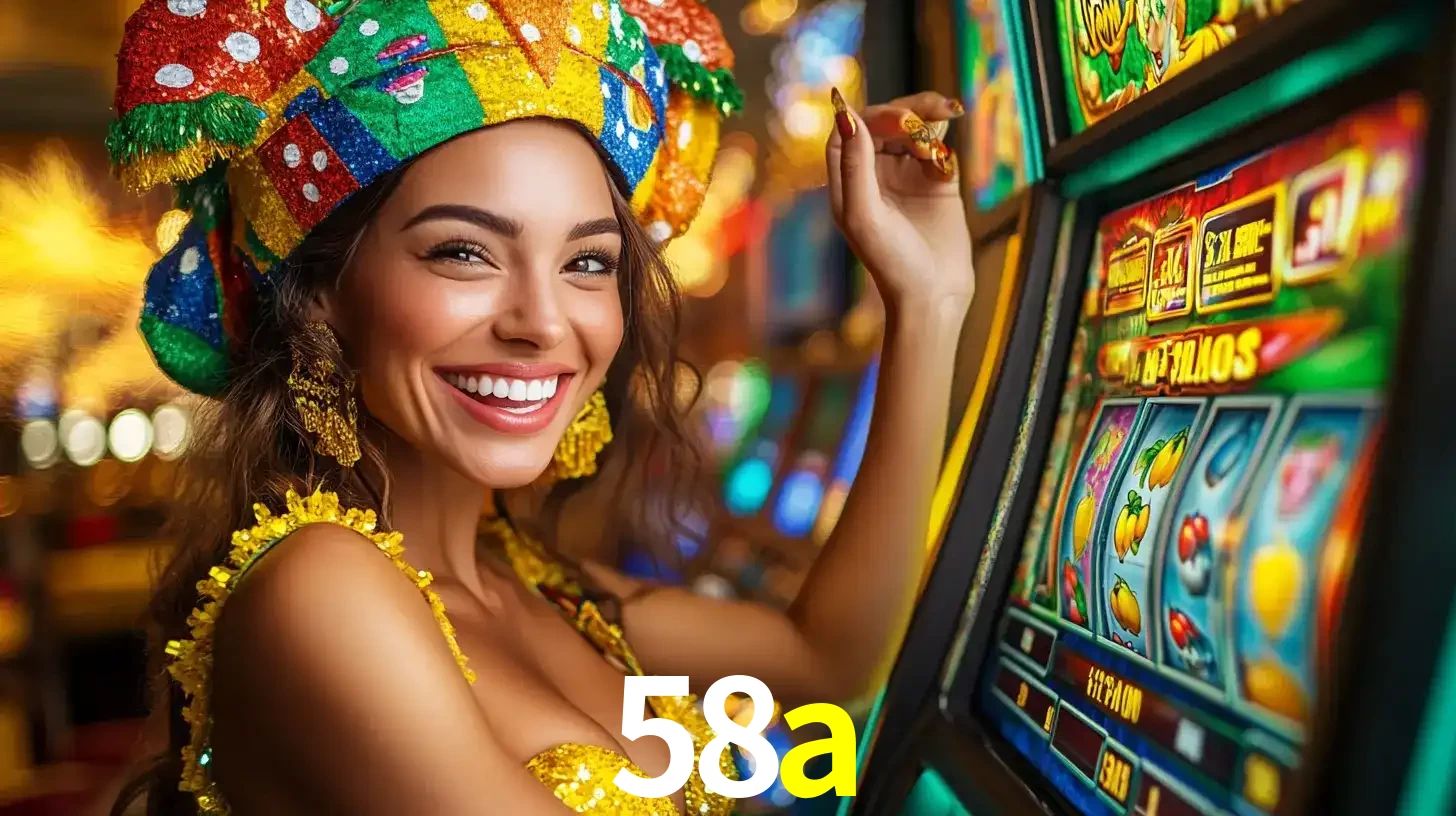 Mulher feliz com traje de carnaval amarelo e colorido ao lado de uma máquina de caça-níqueis, aproveitando a diversão e os jogos temáticos do cassino 58a.