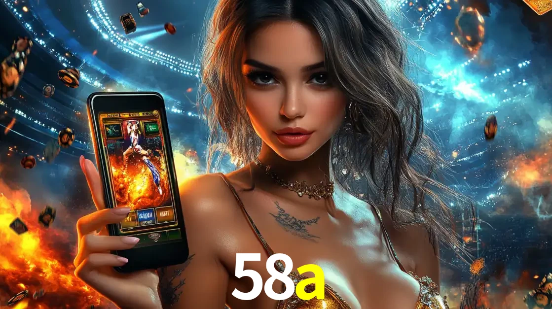 Mulher segurando um celular com um jogo de slot em destaque, tendo como fundo um estádio vibrante, simbolizando a emoção de jogar no cassino móvel 58a.
