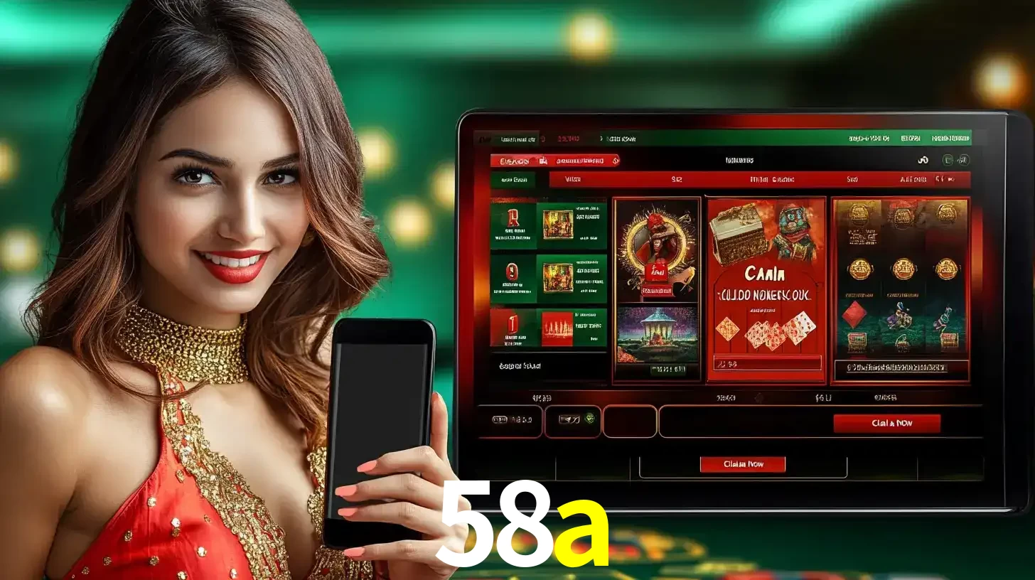 Mulher sorridente segurando um smartphone, ao lado de uma tela exibindo o lobby de jogos do cassino online 58a, com várias opções de jogos de cartas e slots.
